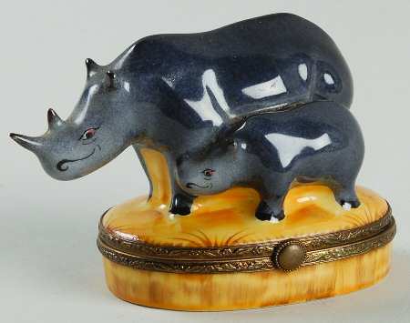 PEINT MAIN LIMOGES BOX Rhino And Baby - Boxed