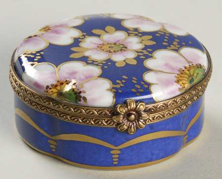 PEINT MAIN LIMOGES BOX Pink Flowers On Blue Box - Boxed