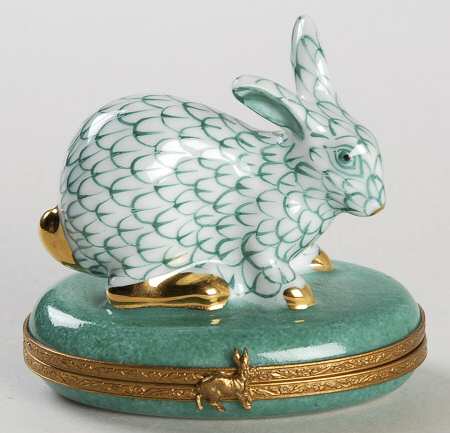 PEINT MAIN LIMOGES BOX Rabbit - Green Fishnet - Boxed