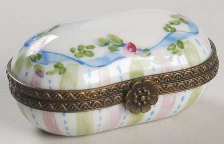 PEINT MAIN LIMOGES BOX Stripes,Roses/Blue Ribbon,Bean - No Box