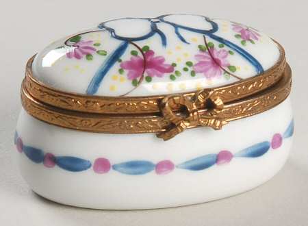 PEINT MAIN LIMOGES BOX Blue Bow,Pink Floral,Oval - No Box
