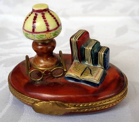 PEINT MAIN LIMOGES BOX Desk Top With Lamp & Glasses & Books - No Box