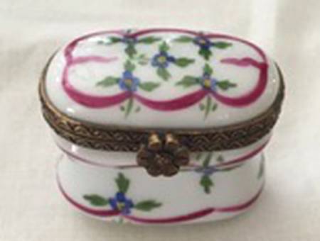 PEINT MAIN LIMOGES BOX Blue Flowers, Pink Ribbon - No Box