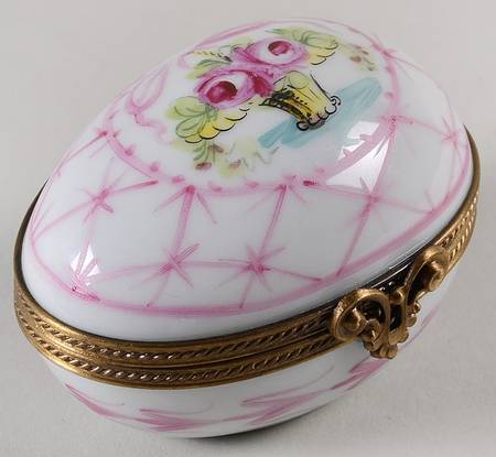 PEINT MAIN LIMOGES BOX Red Egg Box With Rose Basket - Boxed