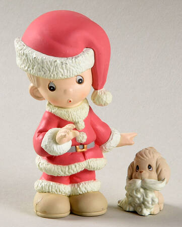 Christmas Figurines Boy In Santa's Clother & Dog - Boxed