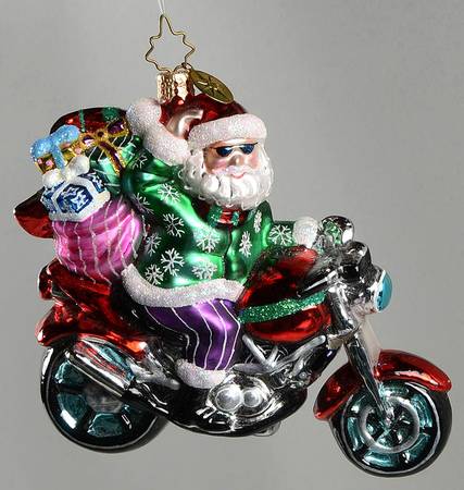 Christopher Radko Christmas Ornament Santa In Green Coat And Motorcycle - No Box