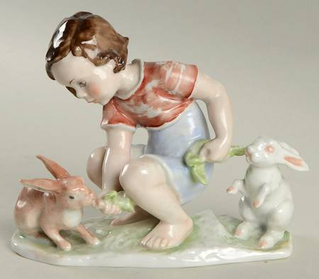 Rosenthal Figurine Child With Rabbits (Painted)-Red Top - No Box