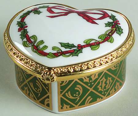 Royal Worcester Enamel Boxes Holly Ribbons-Heart - Boxed