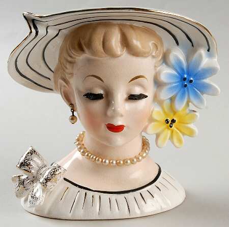 Reliable Head Vases Lady W/Wht Hat Ylw&Blu Flwr - No Box