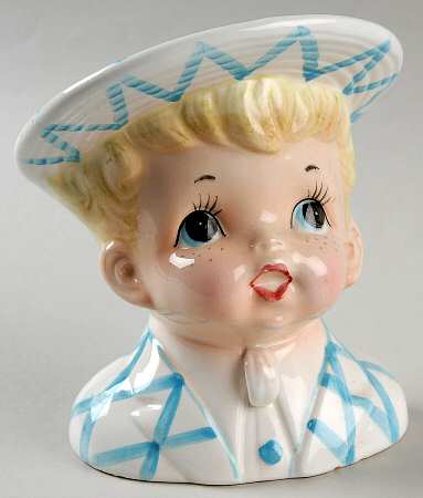 Reliable Head Vases Boy Blonde Freckles Blu Plaid - No Box
