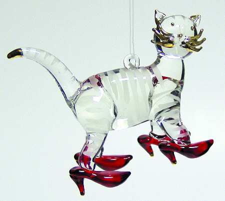 Roman Christmas Ornaments Glass Cat W/ Red Shoes - Boxed