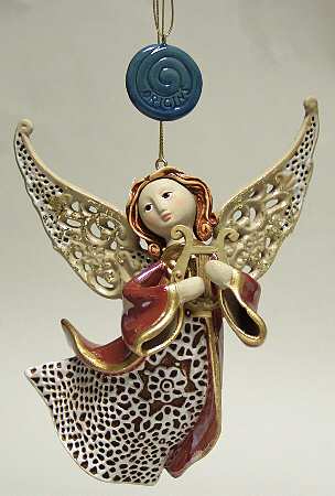 Origins Artisan Collection Red Angel W/ Harp Ornament - Boxed