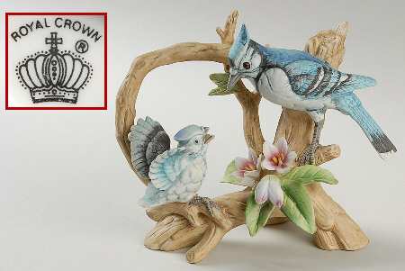 Royal Crown Figurines Blue Jay And Baby - Boxed