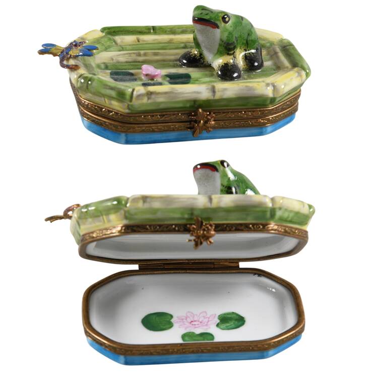 Rochard Limoges Box Frog On  Bamboo Raft - Boxed
