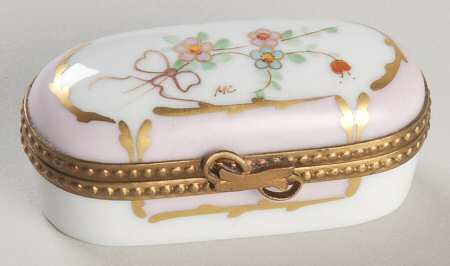 Rochard Limoges Box Oval,Pink Border&Ribbon/Floral - Boxed