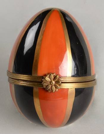 Rochard Limoges Box Egg-Black & Orange Stripes - Boxed