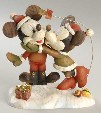 Disney Christmas Figurine Mickey & Minnie Kissing Under Mistletoe - Boxed