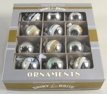 Shiny Brite Ornaments Balls Yellow/Blue Stripes - With Box 53