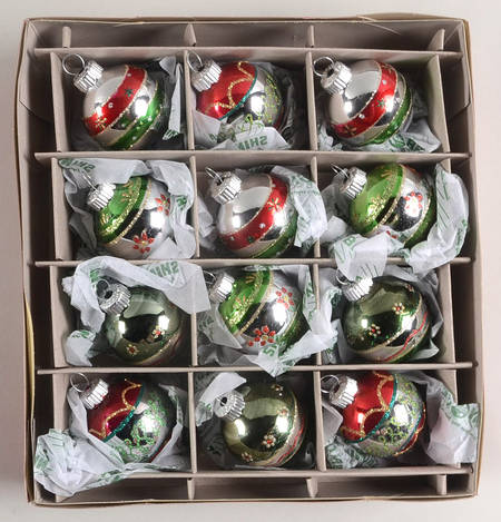Shiny Brite Ornaments 12 Ball Deco Balls Dot/Flowers - Boxed
