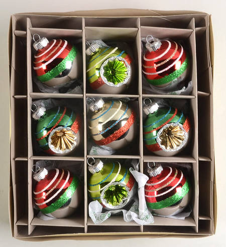 Shiny Brite Ornaments 9 Balls Stripes 4 Reflector - Boxed