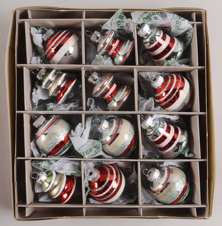 Shiny Brite Ornaments 12 Multi Shape W/Stripes - Boxed