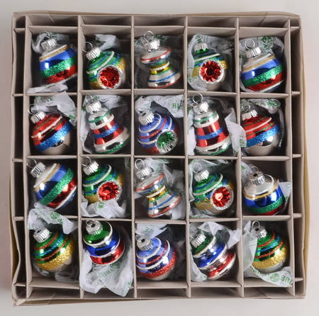 Shiny Brite Ornaments 20 Multi Shape & Color Stripes - Boxed