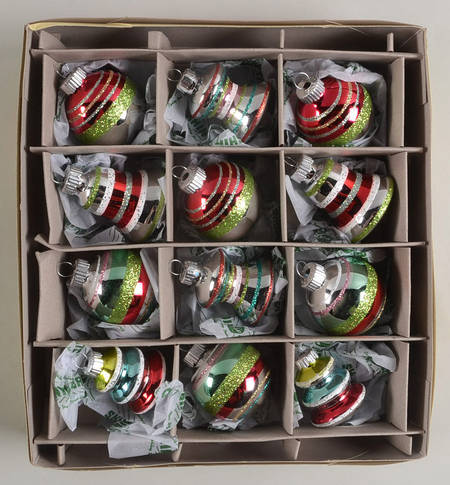 Shiny Brite Ornaments 12 Multi Shape Stripe Red/Gr/B - Boxed