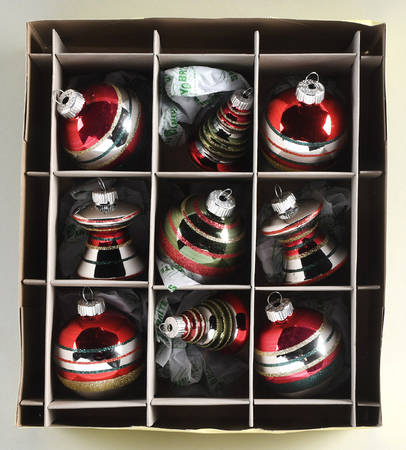 Shiny Brite Ornaments 9pc Striped Round & Shapes - Boxed