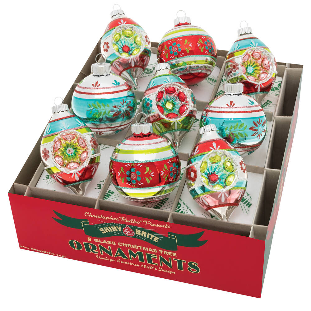 Shiny Brite Ornaments Decorated Rounds & Reflctor Tulips-Festi - Boxed