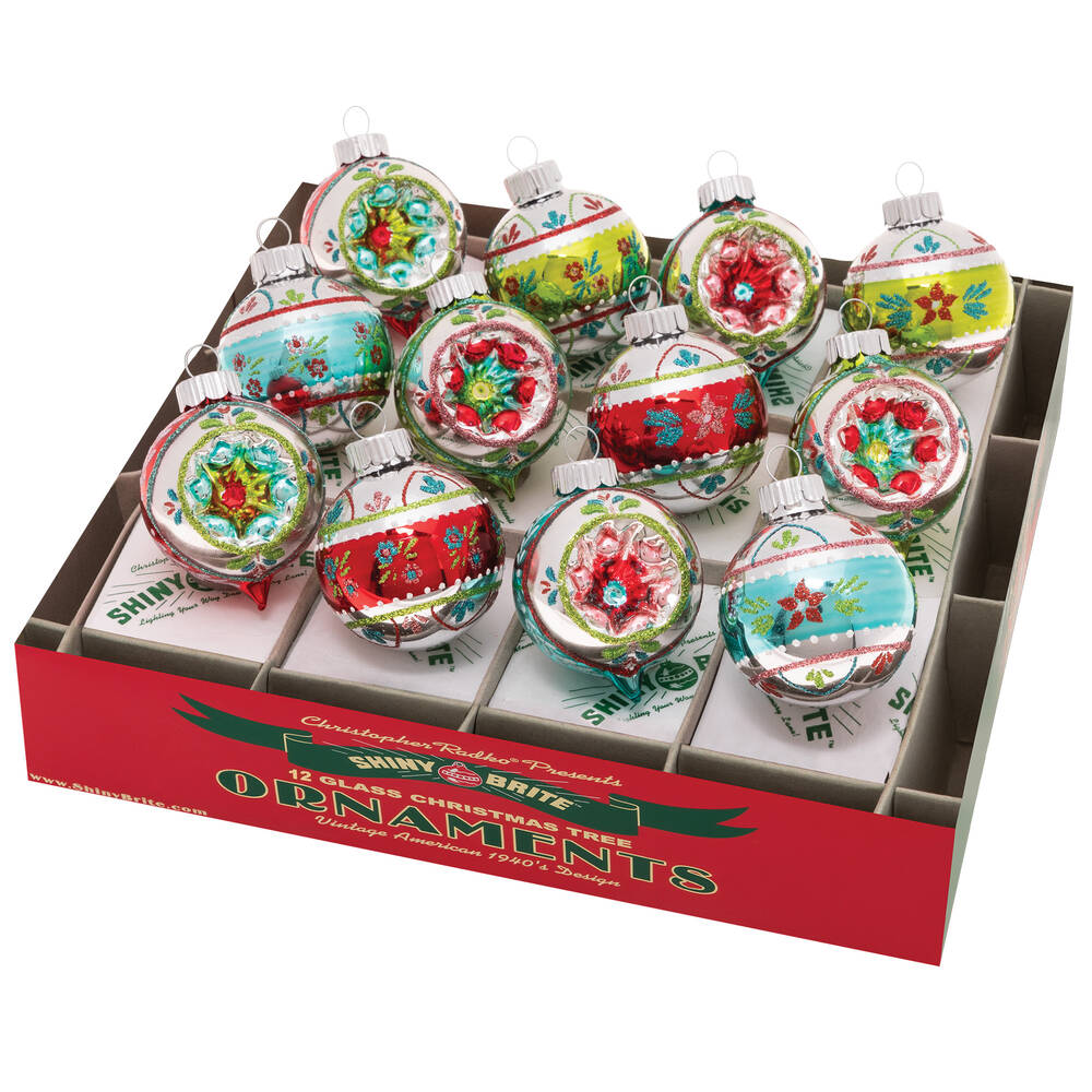 Shiny Brite Ornaments Decorated Rounds & Shapes Festive Fete  - Boxed