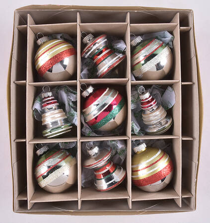 Shiny Brite Ornaments Decorated Stripes Multi Shape - With Box