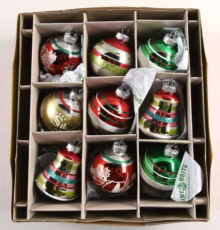 Shiny Brite Ornaments Flocked & Stripes - With Box