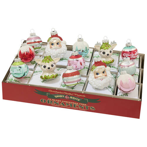 Shiny Brite Ornaments Fete Figures & Decoratd Rounds - With Box Bx362