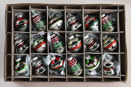 Shiny Brite Ornaments Balls/Spires Striped Red Green - With Box Bx378