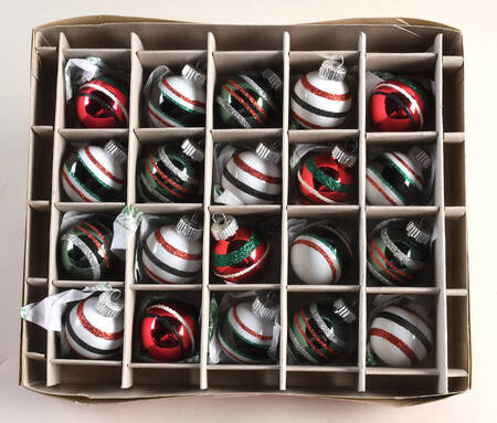 Shiny Brite Ornaments Set Of 20 White W/Red & Green Stripes - Wtih Box Bx376