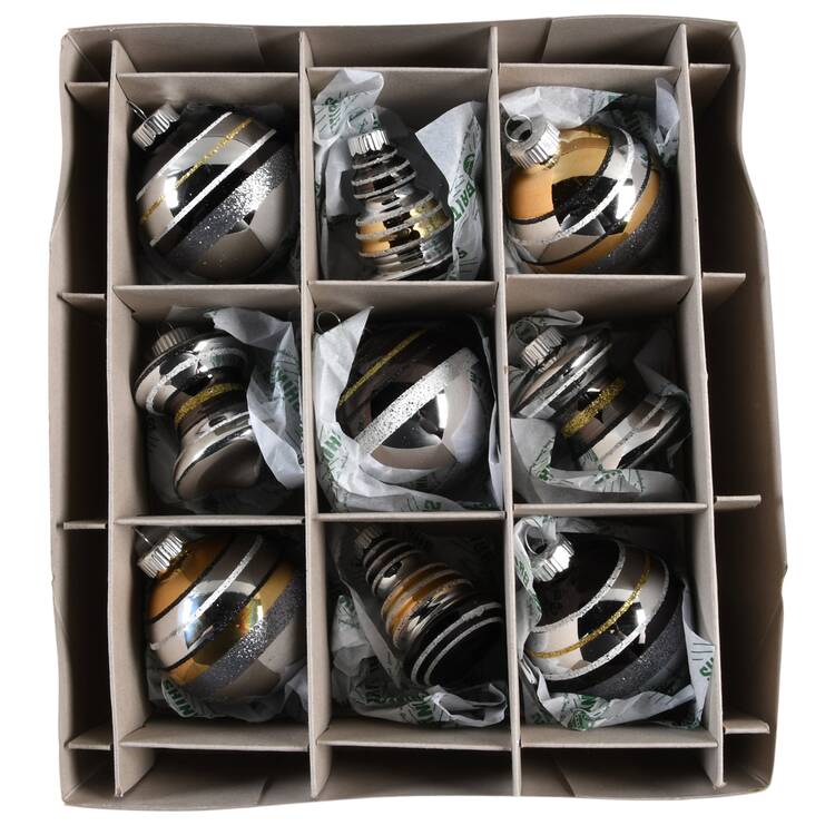 Shiny Brite Ornaments Blck/Gold/Silver Mix Shapes - Bx429 With Box