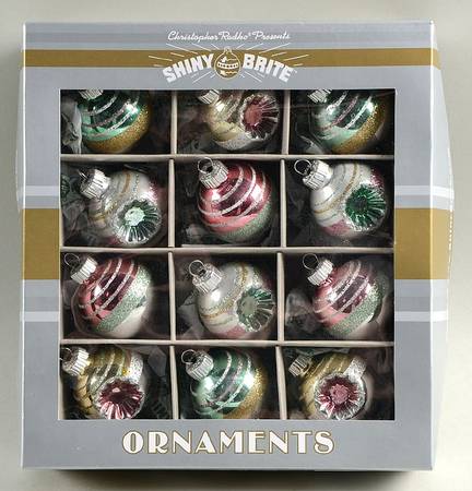 Shiny Brite Ornaments Balls Green/Pink Stripe - Boxed
