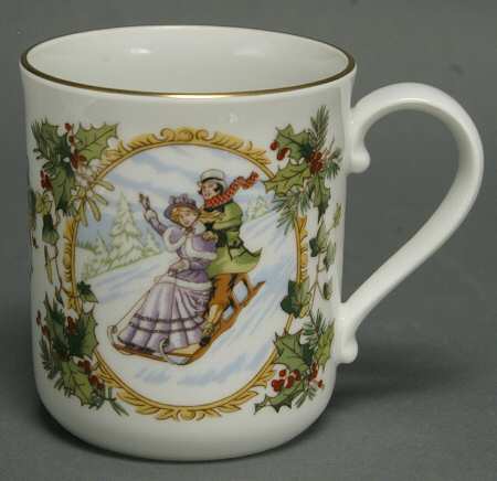 Christmas Mug Victorian Couple Sledding - With Box