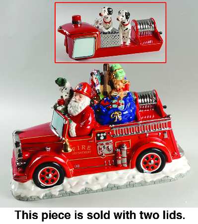 Christopher Radko Cookie Jar Santa's Fire Brigade-2 Lids - Boxed