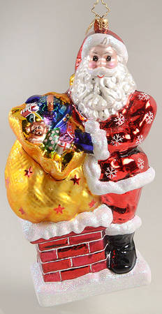 2008 Christopher Radko Ornaments Mr.Big Stuff-Santa On Chimney-Gold Bag - No Box
