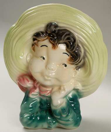 Royal Copley Head Vases Boy Grn Lg Hat/Shirt Hand/Chin - No Box