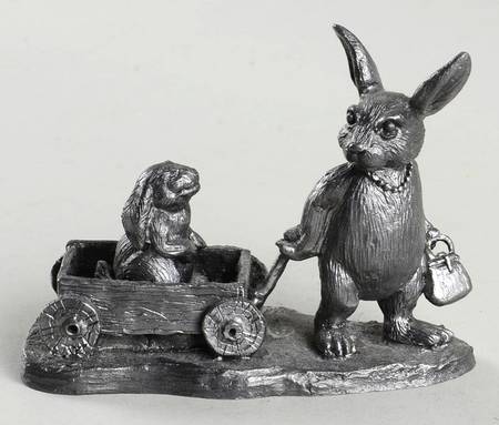 Pewter Figurines Mama Rabbit Pulling Wagon - No Box
