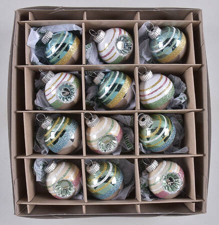 Shiny Brite Easter 12 Balls Stripes Grn/Pink/Wht - Boxed