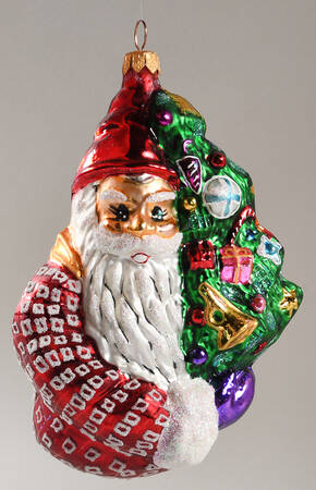 Santa with Pinecones-Trees Oh Christmas Tree-White Design On Red - No Box