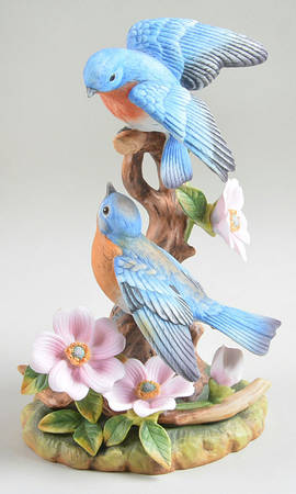 Sadek Bird Figurines Double Bluebirds W/ Pink Flowers - With Box Bx358