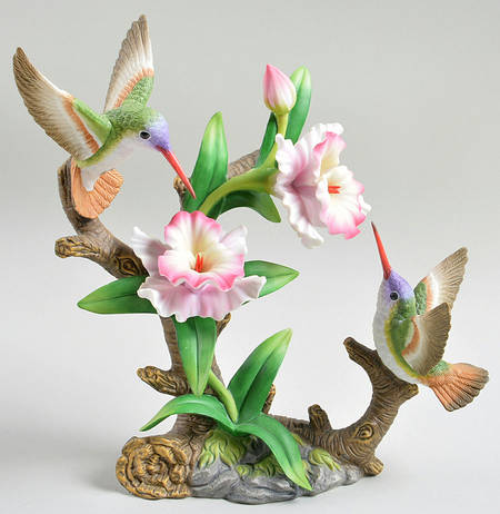 Sadek Bird Figurines Double Hummingbirds W/ Pink Orchids - With Box Bx366