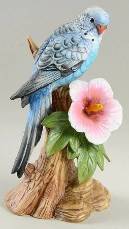 Sadek Bird Figurines Parakeet With Hibiscus-Blue - With Box Bx338