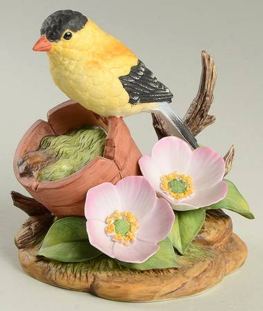 Sadek Bird Figurines Goldfinch On Flower Pot With Wild Rose - Boxed