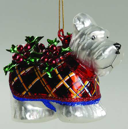 Scottish Christmas Ornaments White Westie With Plaid Coat - Boxed