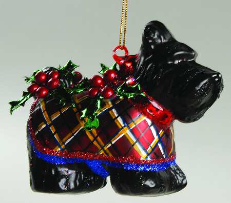 Scottish Christmas Ornaments Black Scottie With Plaid Coat - Boxed